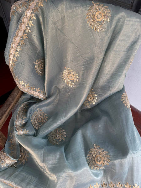 Sky Blue Tissue Silk Gota Pati Saee