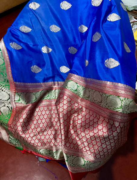 Pure Katan Silk Handloom Saree in Royal Blue and Red