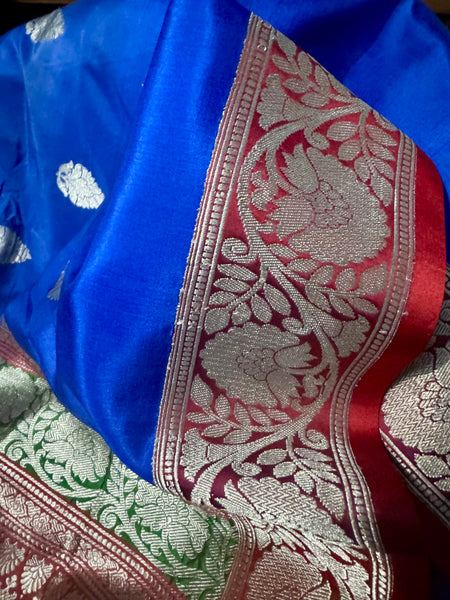 Pure Katan Silk Handloom Saree in Royal Blue and Red