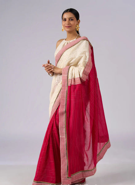 Off white haakoba cotton saree with bright chequered pink combination