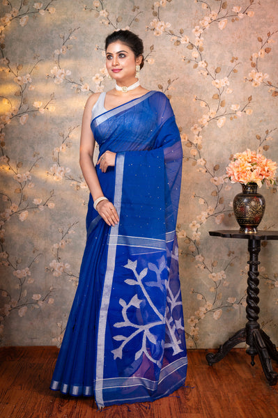 BLUE PURE MATKA MUSLIN SAREE WITH SILVER FLORAL MOTIFS