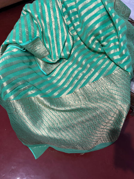 Pastel Green and Gold Pure Khaddi Chiffon Saree