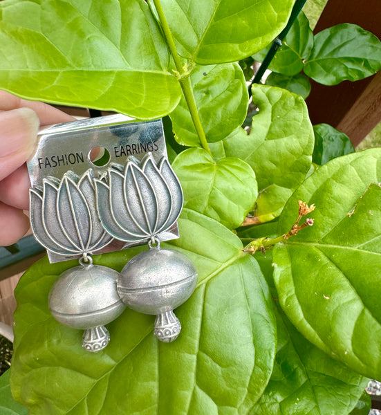 Antique silver look alike German Silver oxidized Lotus earrings