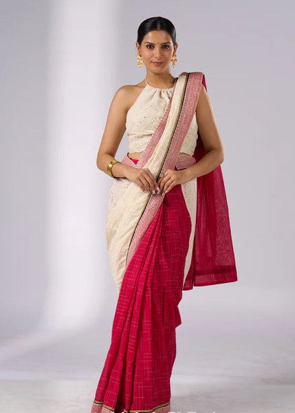 Off white haakoba cotton saree with bright chequered pink combination