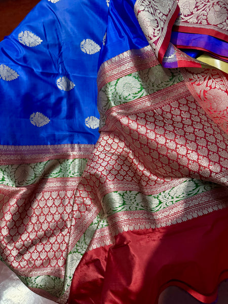 Pure Katan Silk Handloom Saree in Royal Blue and Red