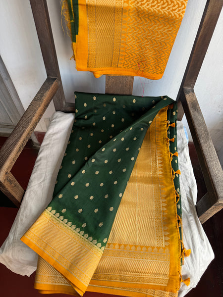 Forest Green and Yellow Soft Tussar Silk Saree