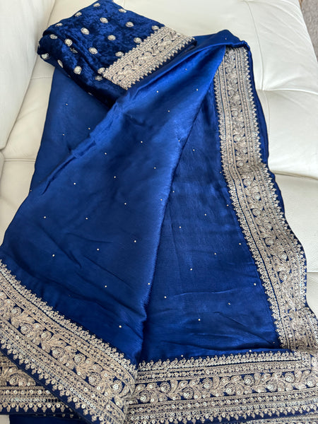 Deep Midnight Blue Satin Mukesh Work Saree with Antique Zari Embroidery