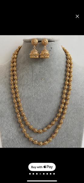 Double Layered Gold Matar Mala Necklace Strand with Earrings