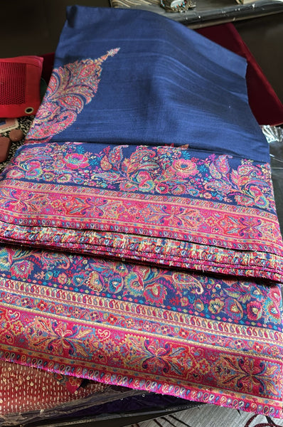 Navy Blue and Pink Jamawar Kashmiri Kani Saree