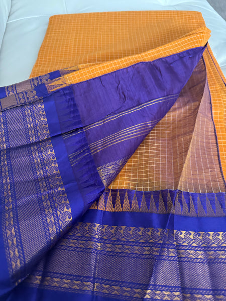 Pure Cotton Orange and Blue Gadwal Saree