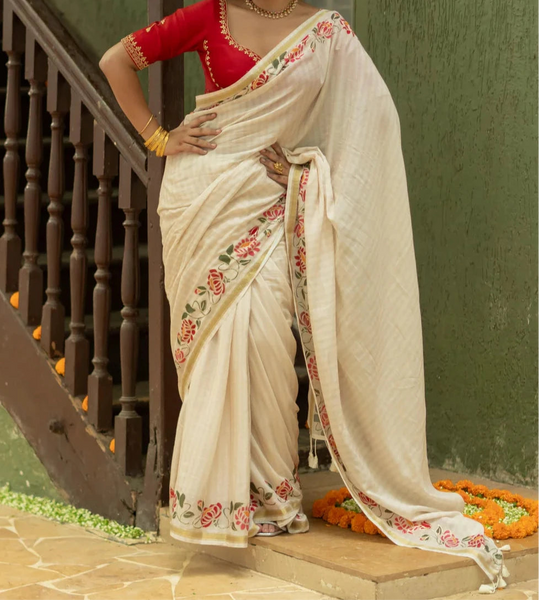 Off White And Gold Cotton Viscose Printed Saree With Floral Border