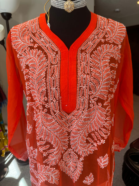 Orange Georgette Lucknowi Chikankari long Kurti