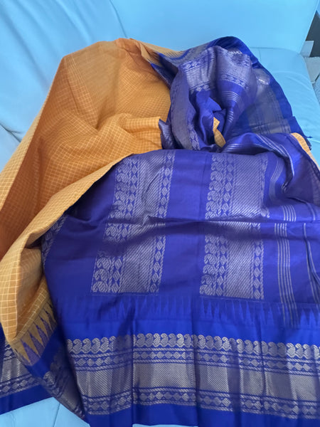 Pure Cotton Orange and Blue Gadwal Saree