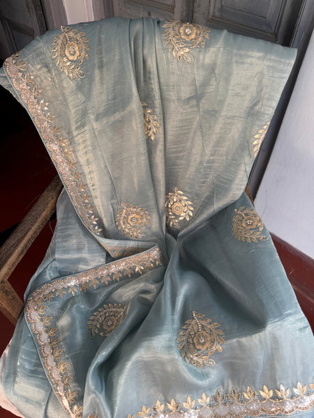 Sky Blue Tissue Silk Gota Pati Saee