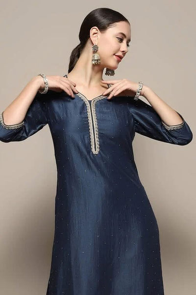 Midnight Blue Embellished Festive Straight Kurta