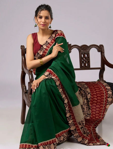 GREEN COTTON SAREE WITH BEIGE AND RED FLORAL AJRAKH ACCENTS