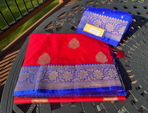 Tomato Red Soft Banarasi Pattu Katan Silk Saree with Zari weaves with Deep Navy Blue Border