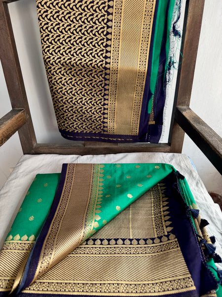 Green and Navy Blue Tussar Silk Saree