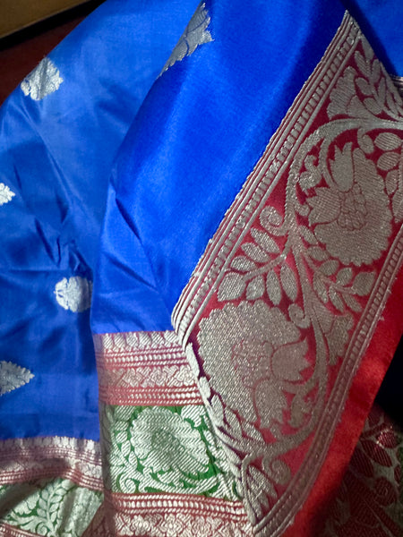 Pure Katan Silk Handloom Saree in Royal Blue and Red