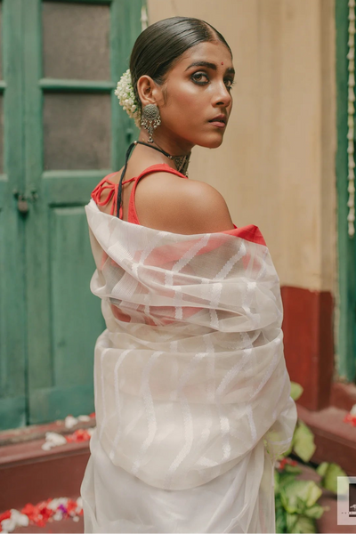 Red and White Handloom Silk Saree