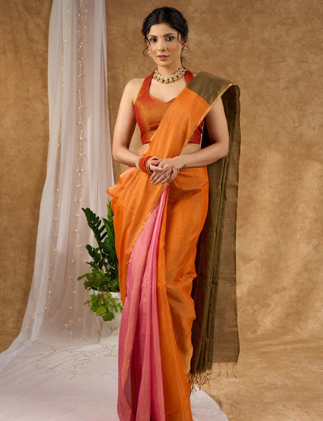 Orange & Pink Combination Pure Tissue Saree