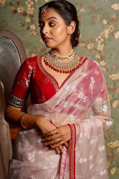 Blush Pink Organza Saree with Rani Pink Border