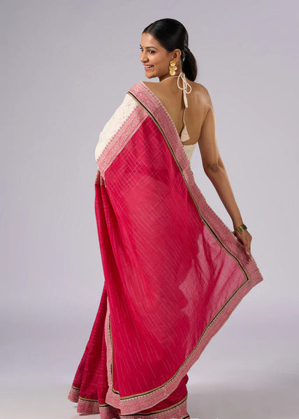 Off white haakoba cotton saree with bright chequered pink combination