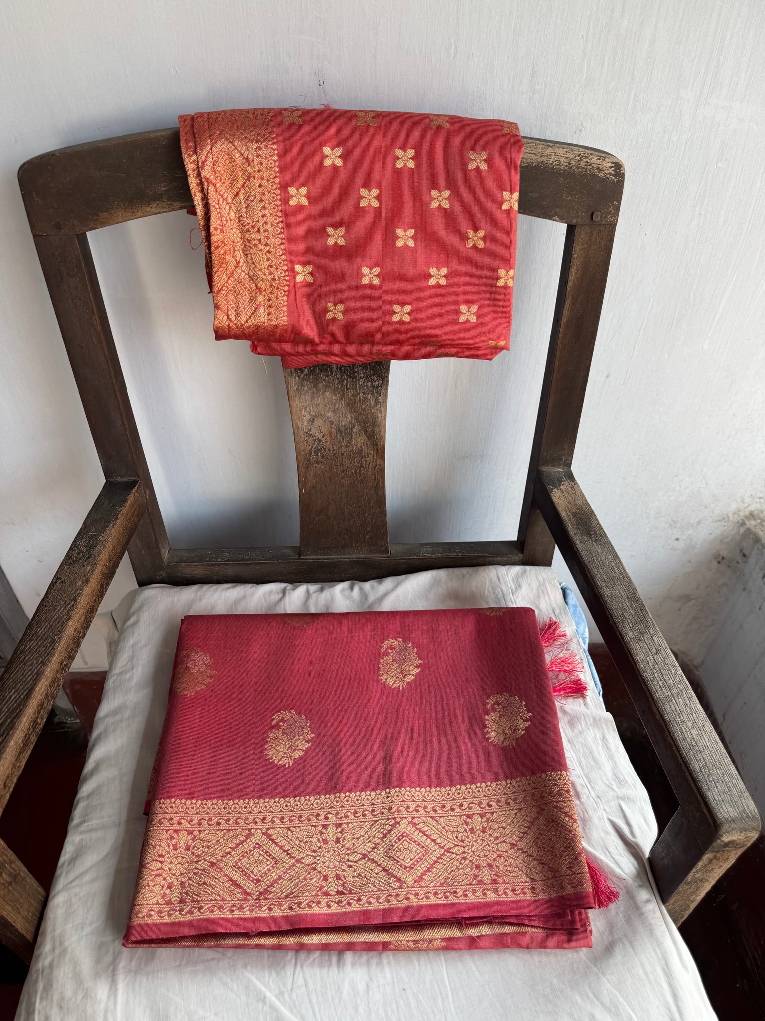 Coral Pink and Dual Tone Tussar Silk Saree