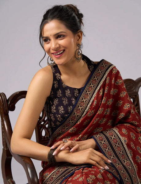 Brown Cotton Printed combination saree with Ajrakh border