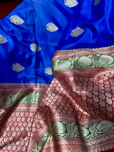 Pure Katan Silk Handloom Saree in Royal Blue and Red