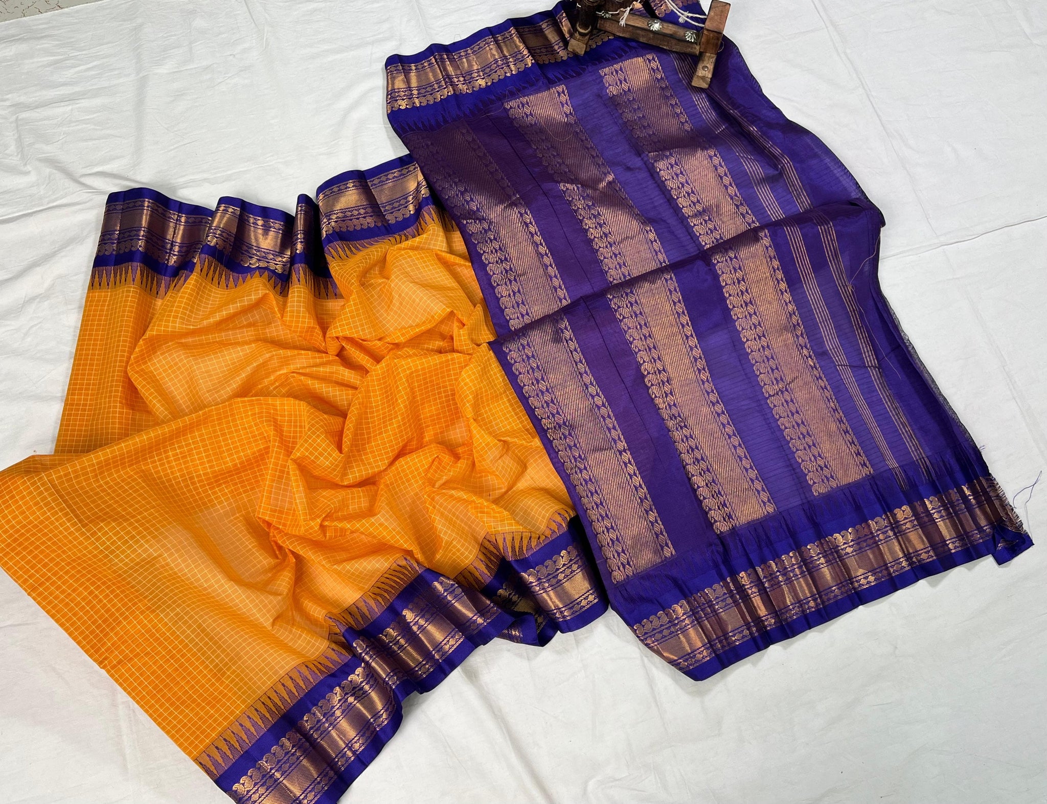 Pure Cotton Orange and Blue Gadwal Saree