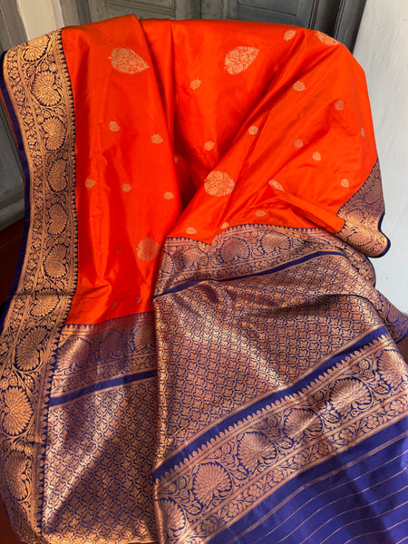 Pure Katan Silk Handloom Saree in Orange and Royal Blue