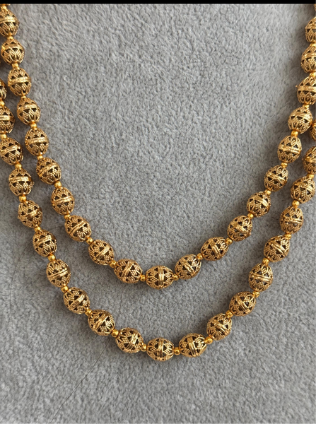 Double Layered Gold Matar Mala Necklace Strand with Earrings