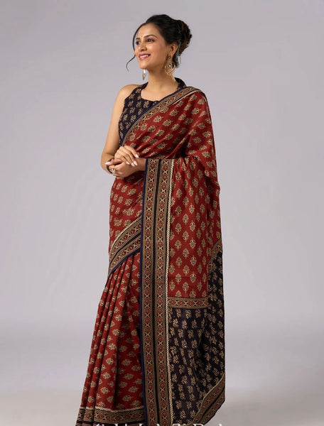 Brown Cotton Printed combination saree with Ajrakh border