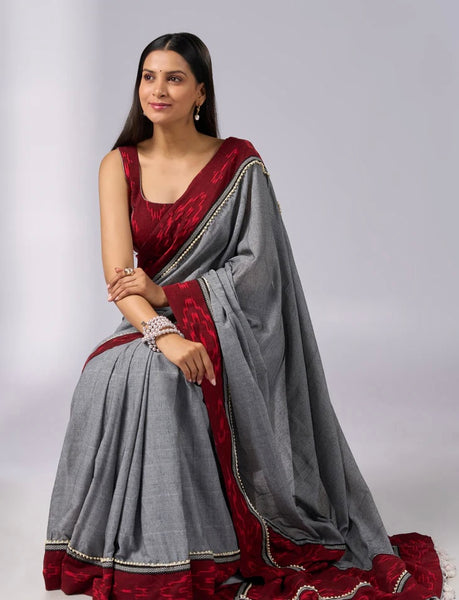 Grey Cotton Saree with Maroon Ikat borders