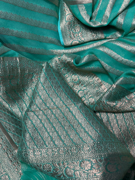 Pastel Green and Gold Pure Khaddi Chiffon Saree