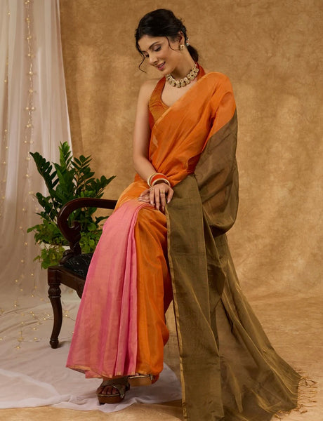 Orange & Pink Combination Pure Tissue Saree