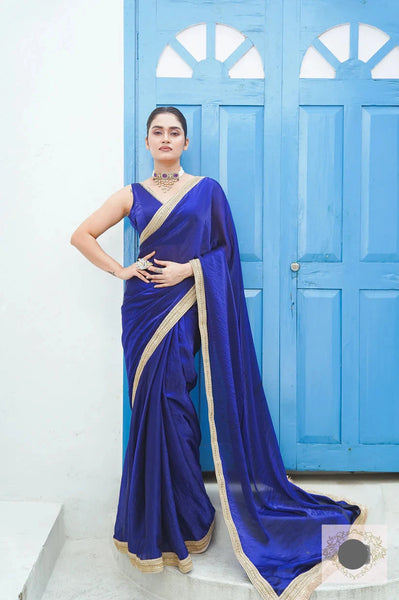 Royal Blue Crushed Shimmer Satin Silk Saree