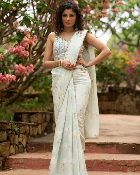 Ice blue floral printed saree