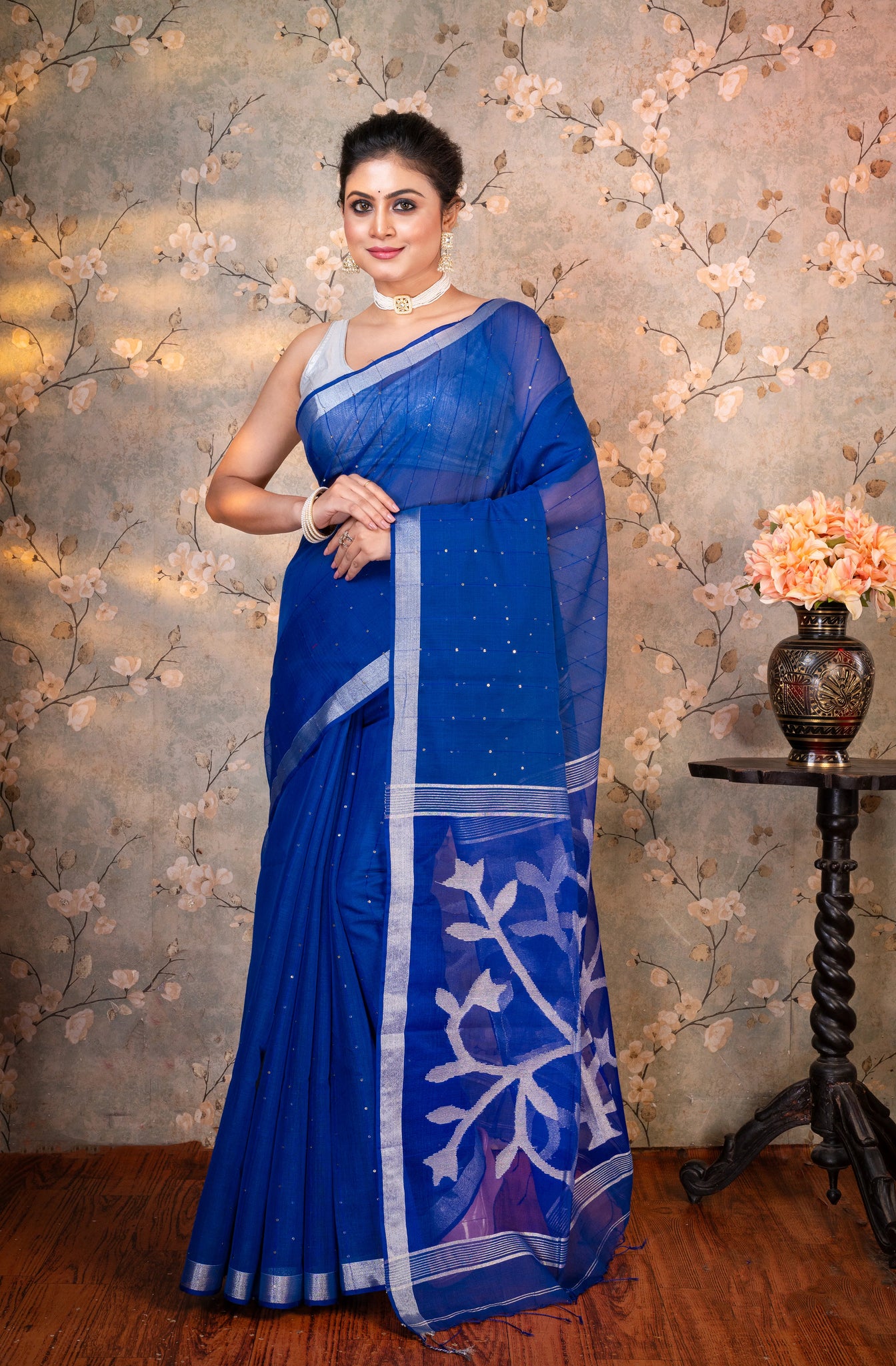 BLUE PURE MATKA MUSLIN SAREE WITH SILVER FLORAL MOTIFS