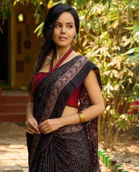 MIDNIGHT ELEGANCE : BLACK AJRAKH HAND BLOCK PRINTED PURE MODAL SILK SAREE