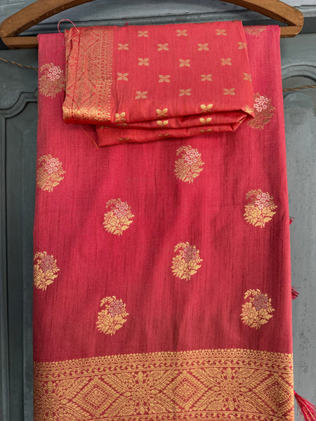 Coral Pink and Dual Tone Tussar Silk Saree