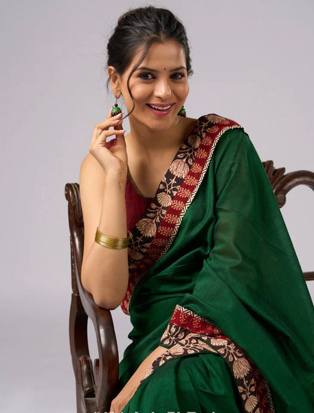 GREEN COTTON SAREE WITH BEIGE AND RED FLORAL AJRAKH ACCENTS