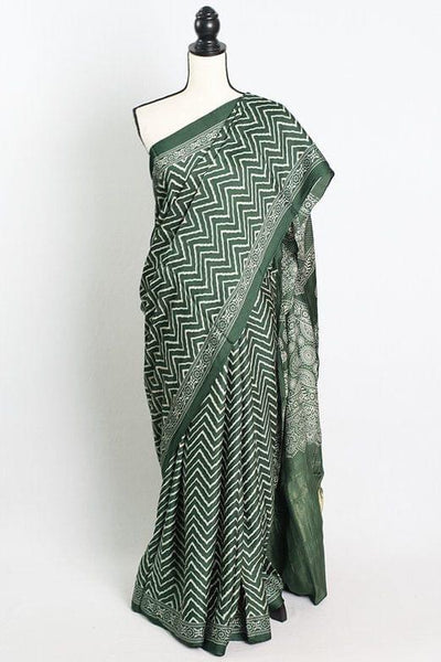 Modal Silk Leheriya Ajrakh Saree with Tissue Pallu in Green