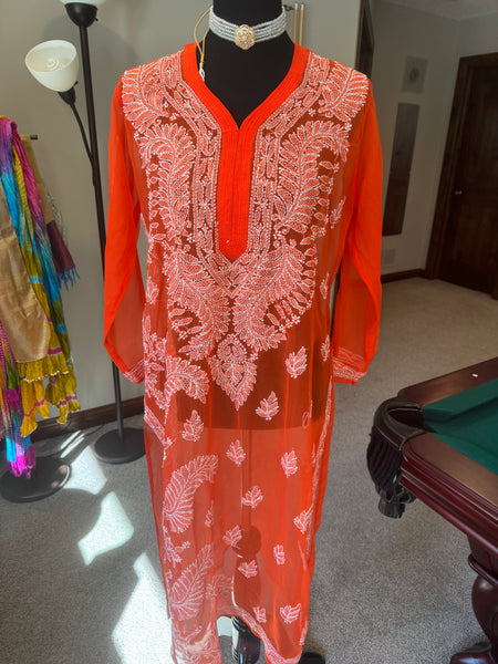 Orange Georgette Lucknowi Chikankari long Kurti