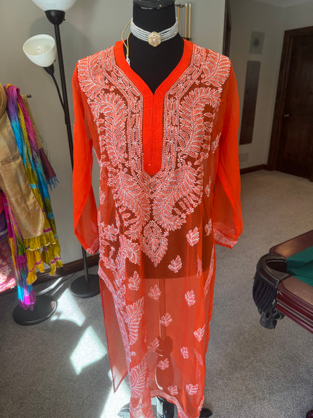 Orange Georgette Lucknowi Chikankari long Kurti