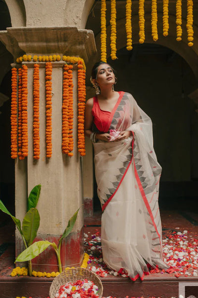 Red and White Handloom Silk Saree