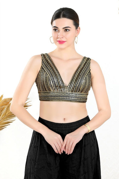 Readymade Net Padded Back Open Sleeveless Black Saree Blouse