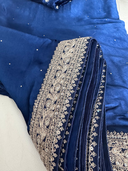 Deep Midnight Blue Satin Mukesh Work Saree with Antique Zari Embroidery