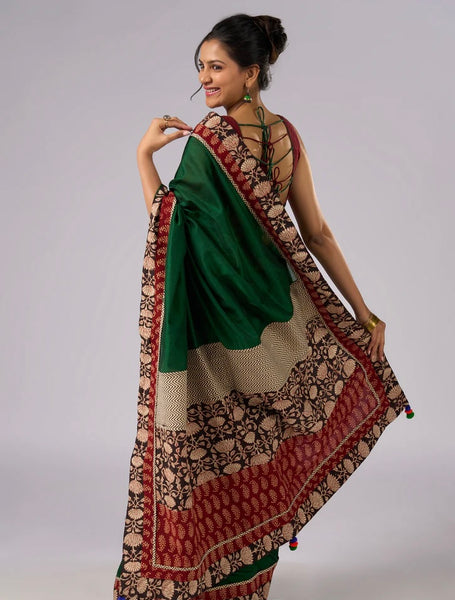 GREEN COTTON SAREE WITH BEIGE AND RED FLORAL AJRAKH ACCENTS